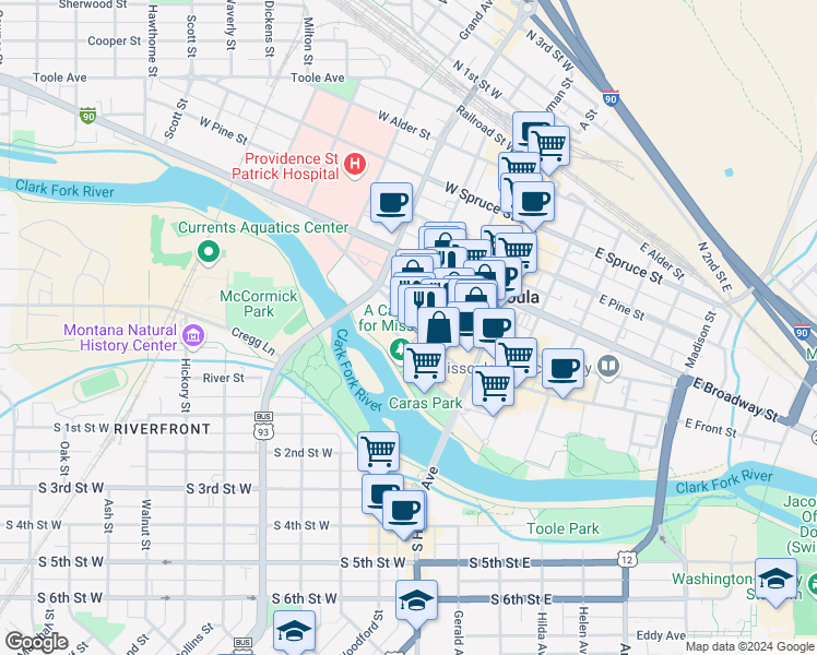 map of restaurants, bars, coffee shops, grocery stores, and more near in Missoula