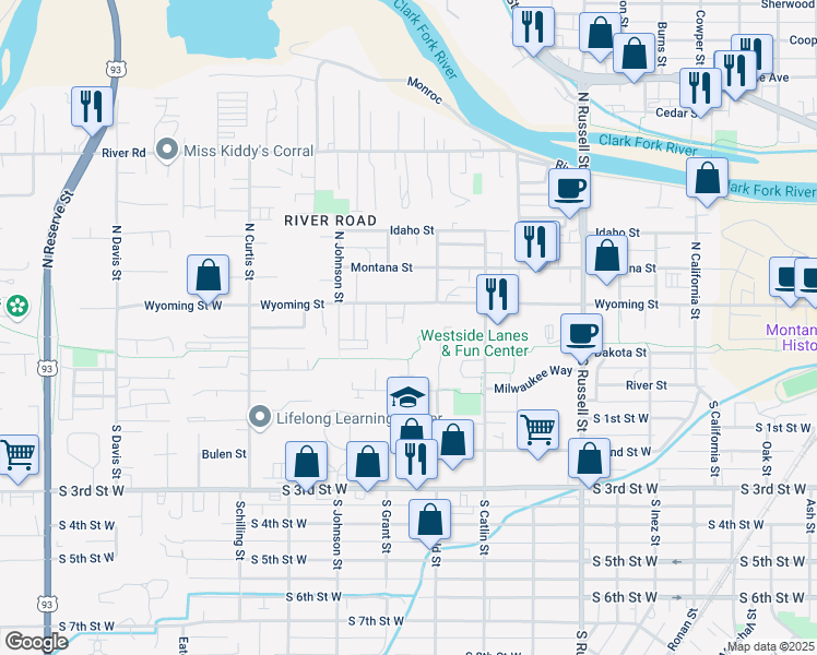 map of restaurants, bars, coffee shops, grocery stores, and more near 1822 Wyoming Street in Missoula