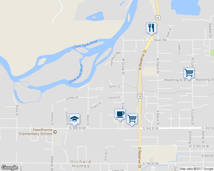 map of restaurants, bars, coffee shops, grocery stores, and more near 277 Everett Court in Missoula
