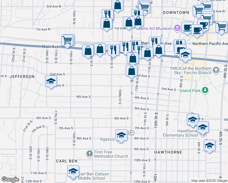 map of restaurants, bars, coffee shops, grocery stores, and more near 1401 3rd Avenue South in Fargo