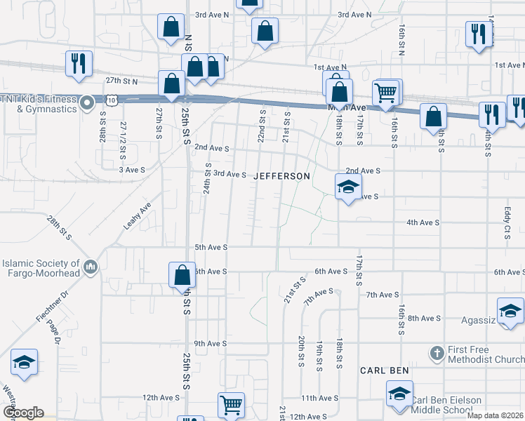 map of restaurants, bars, coffee shops, grocery stores, and more near 321 21st Street South in Fargo