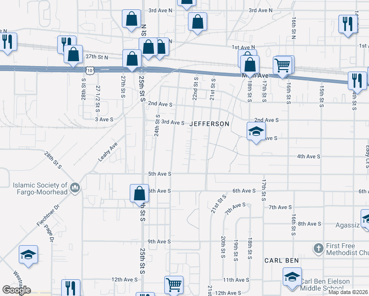 map of restaurants, bars, coffee shops, grocery stores, and more near 317 22nd St S in Fargo