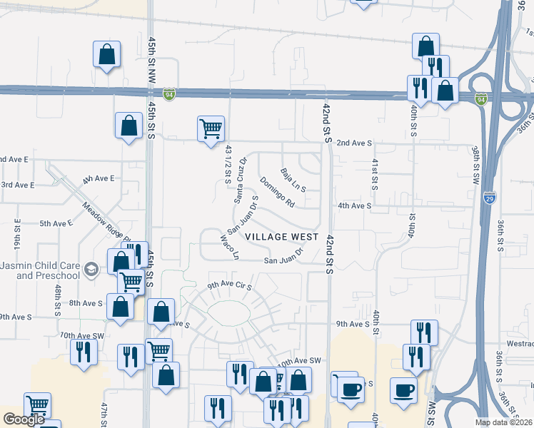 map of restaurants, bars, coffee shops, grocery stores, and more near 4790 San Juan Drive South in Fargo