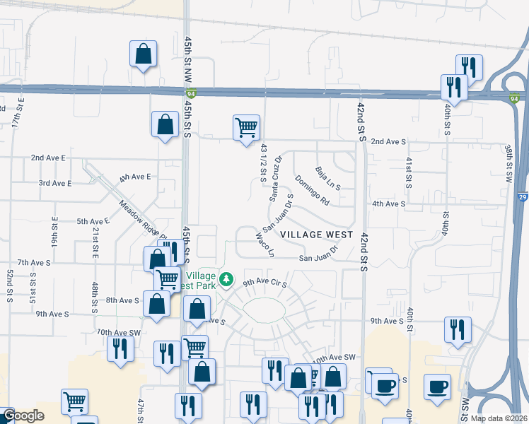 map of restaurants, bars, coffee shops, grocery stores, and more near 453-543 Santa Cruz Drive in Fargo