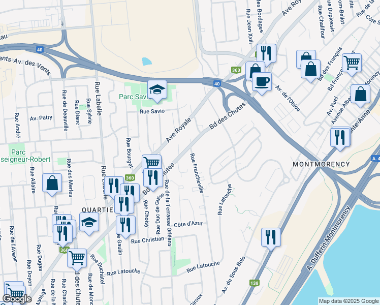 map of restaurants, bars, coffee shops, grocery stores, and more near 2 Rue Francheville in Ville de Québec
