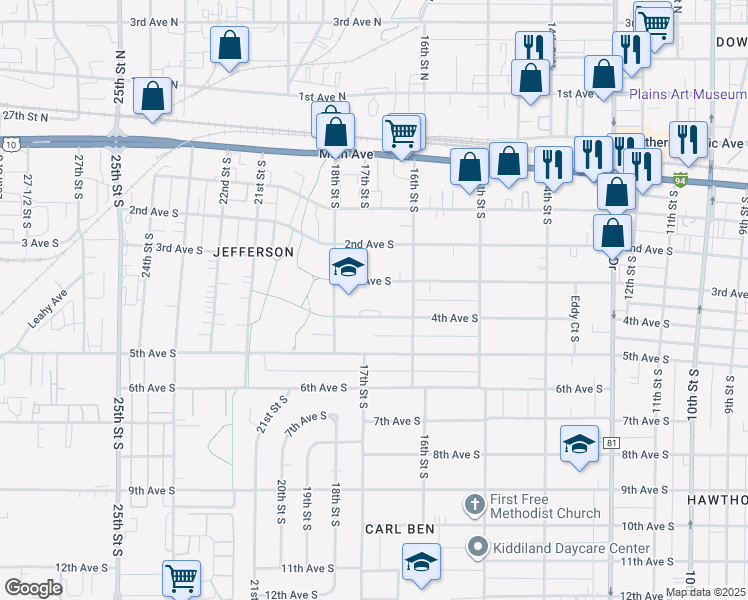 map of restaurants, bars, coffee shops, grocery stores, and more near 1701 4th Avenue South in Fargo