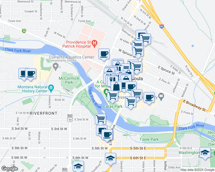 map of restaurants, bars, coffee shops, grocery stores, and more near 265 West Front Street in Missoula