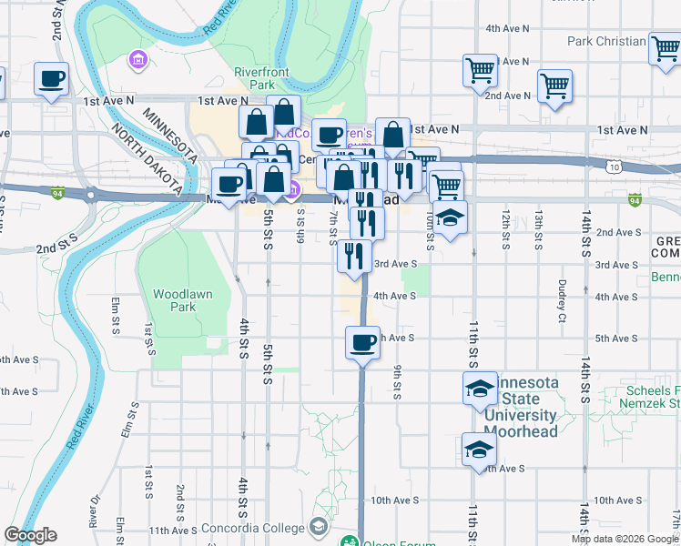 map of restaurants, bars, coffee shops, grocery stores, and more near in Moorhead