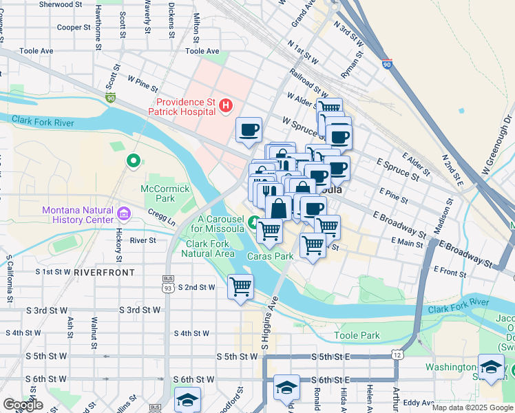 map of restaurants, bars, coffee shops, grocery stores, and more near 265 West Front Street in Missoula