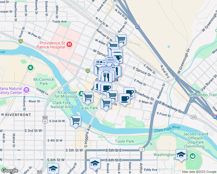 map of restaurants, bars, coffee shops, grocery stores, and more near 118 West Broadway Street in Missoula