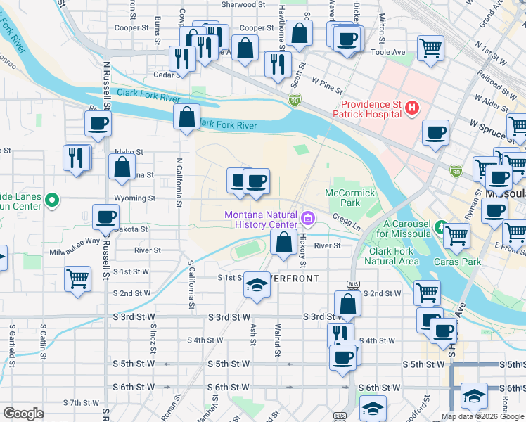map of restaurants, bars, coffee shops, grocery stores, and more near 875 Wyoming Street in Missoula