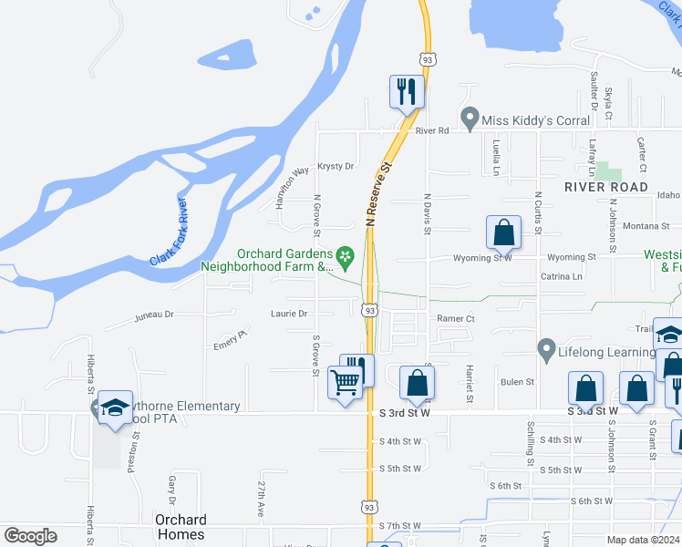 map of restaurants, bars, coffee shops, grocery stores, and more near 3056 Home Harvest Loop in Missoula