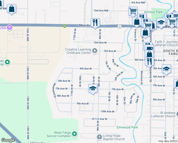 map of restaurants, bars, coffee shops, grocery stores, and more near 940 4th Avenue West in West Fargo