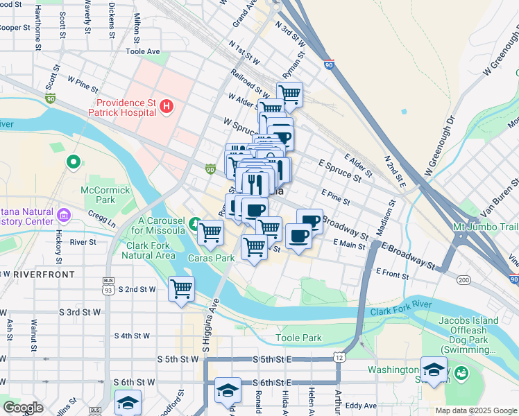 map of restaurants, bars, coffee shops, grocery stores, and more near 220 North Higgins Avenue in Missoula