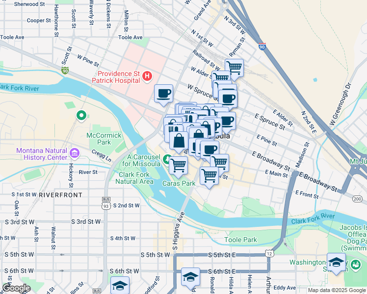 map of restaurants, bars, coffee shops, grocery stores, and more near 216 West Main Street in Missoula