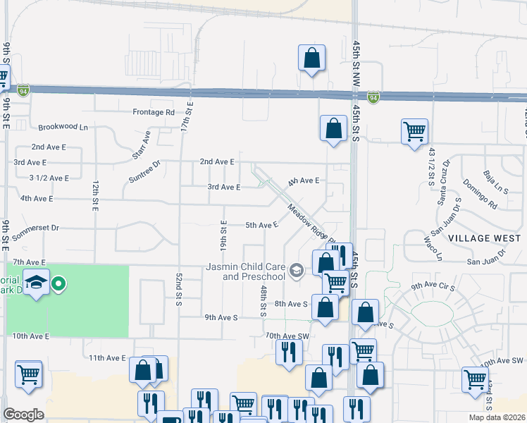 map of restaurants, bars, coffee shops, grocery stores, and more near 2114 4th Ave E in West Fargo