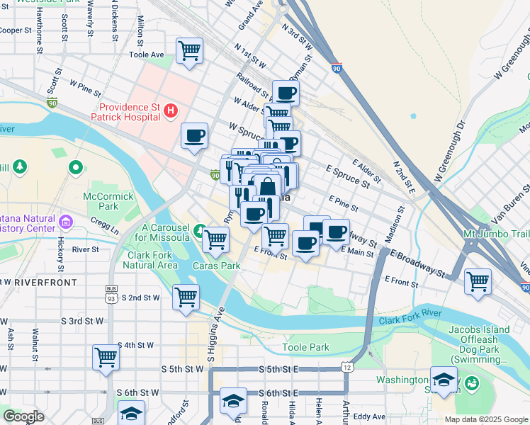 map of restaurants, bars, coffee shops, grocery stores, and more near 220 North Higgins Avenue in Missoula