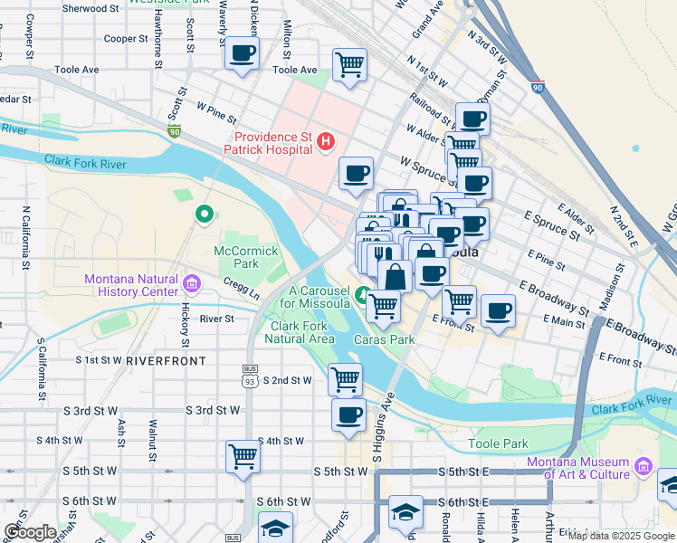 map of restaurants, bars, coffee shops, grocery stores, and more near North Orange Street in Missoula