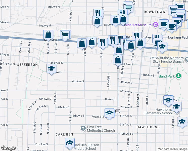 map of restaurants, bars, coffee shops, grocery stores, and more near 1421 3rd Ave S in Fargo
