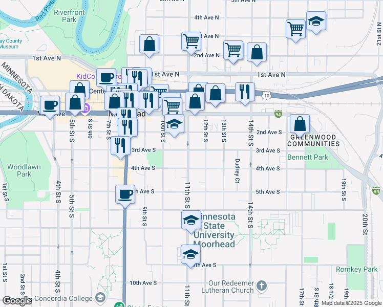 map of restaurants, bars, coffee shops, grocery stores, and more near 302 11th Street South in Moorhead