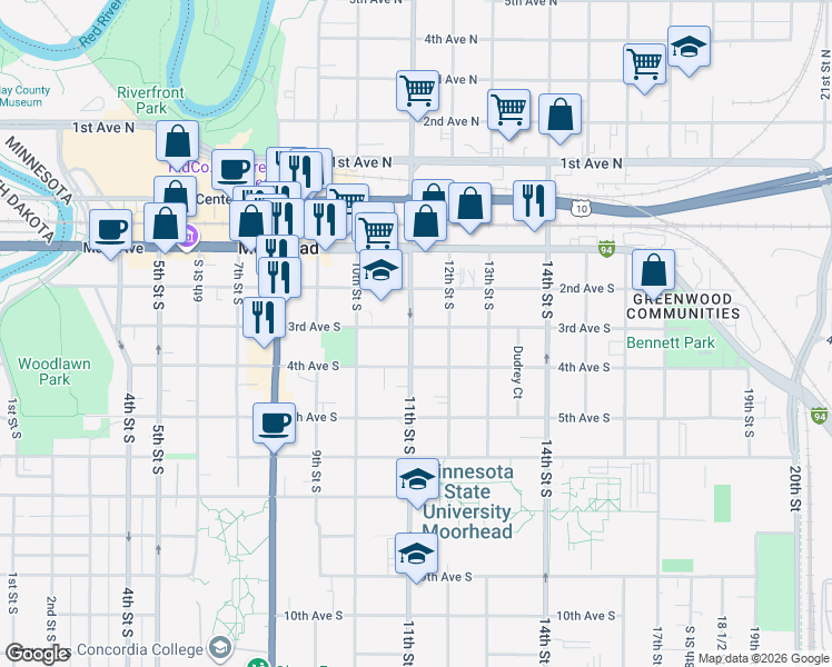 map of restaurants, bars, coffee shops, grocery stores, and more near 302 11th Street South in Moorhead