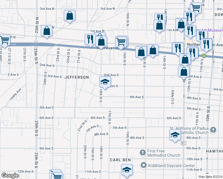 map of restaurants, bars, coffee shops, grocery stores, and more near 1701 4th Avenue South in Fargo