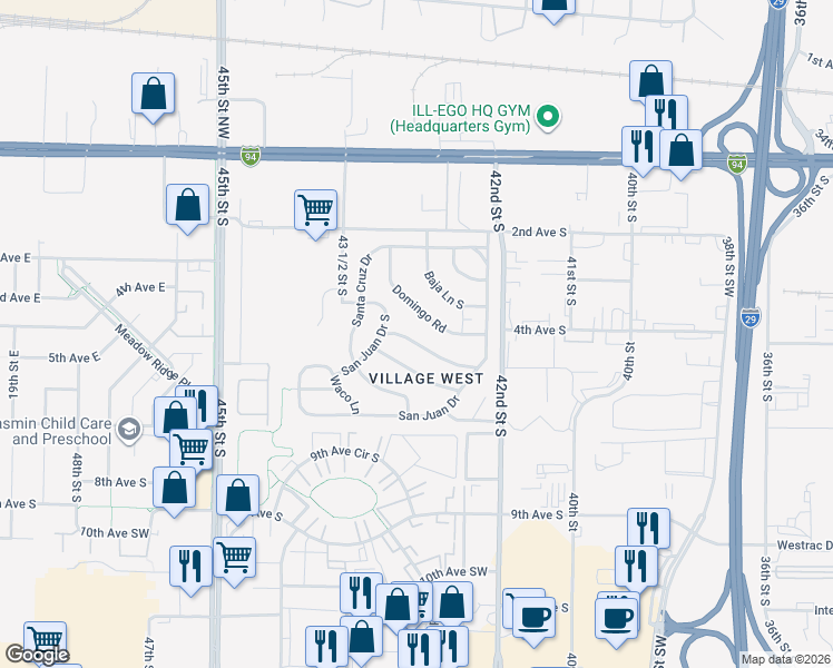 map of restaurants, bars, coffee shops, grocery stores, and more near 4492 Domingo Road in Fargo