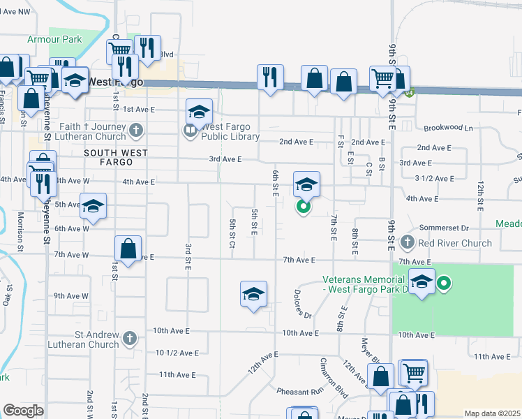 map of restaurants, bars, coffee shops, grocery stores, and more near 501 5th Street East in West Fargo