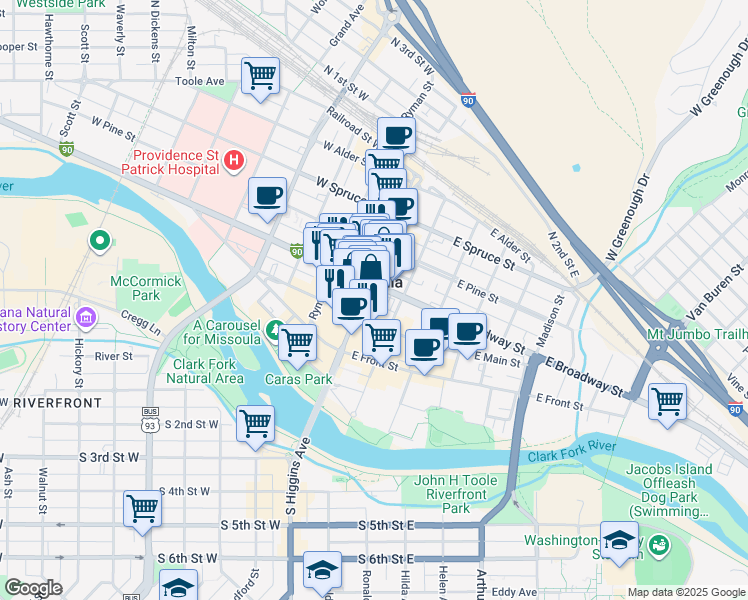 map of restaurants, bars, coffee shops, grocery stores, and more near 118 West Broadway Street in Missoula