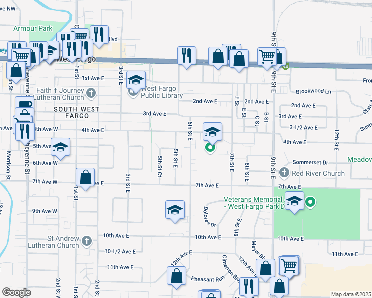 map of restaurants, bars, coffee shops, grocery stores, and more near 407 5th Street East in West Fargo