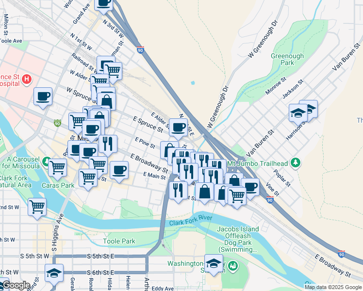 map of restaurants, bars, coffee shops, grocery stores, and more near 521 East Spruce Street in Missoula