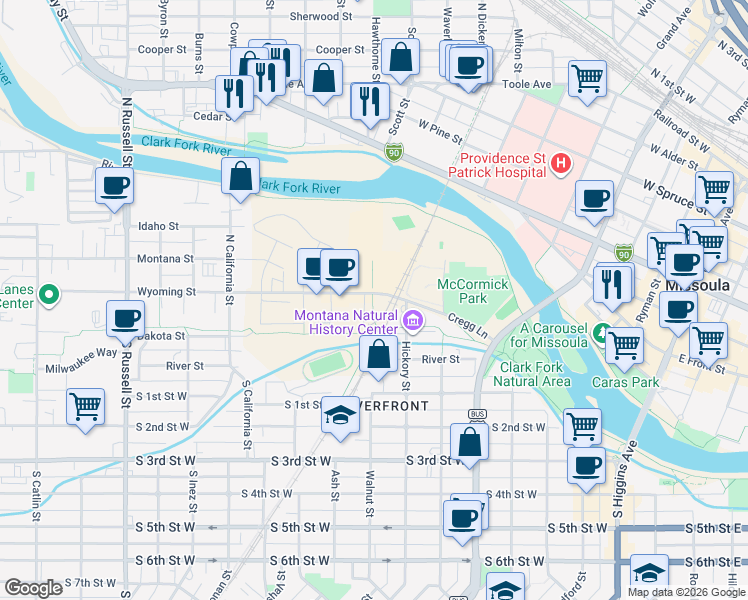 map of restaurants, bars, coffee shops, grocery stores, and more near 710 Wyoming Street in Missoula