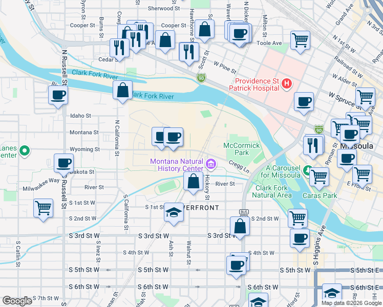 map of restaurants, bars, coffee shops, grocery stores, and more near 710 Wyoming Street in Missoula