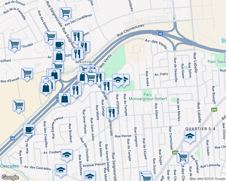 map of restaurants, bars, coffee shops, grocery stores, and more near 643 Avenue du Cénacle in Quebec