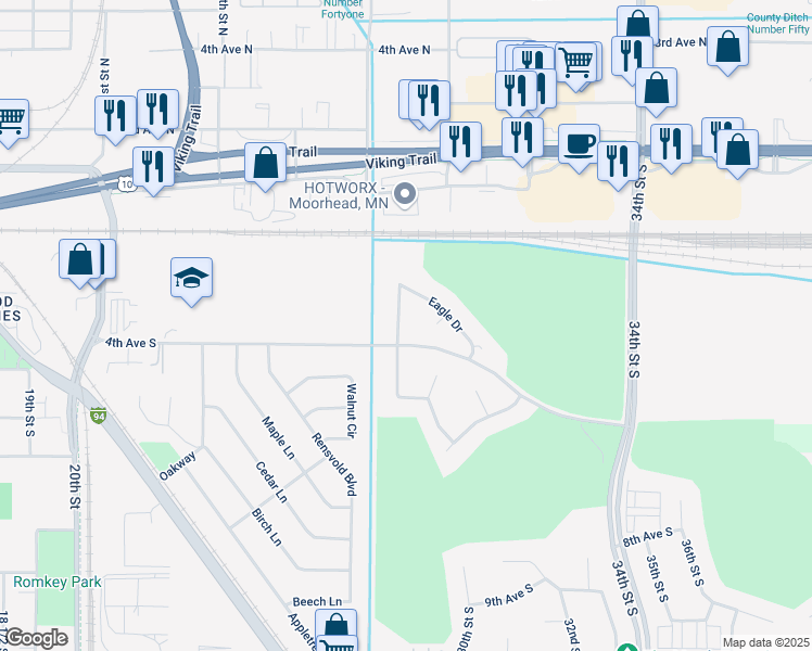 map of restaurants, bars, coffee shops, grocery stores, and more near 322 Clearview Court in Moorhead