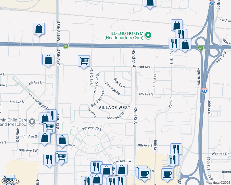 map of restaurants, bars, coffee shops, grocery stores, and more near 4492 Domingo Road in Fargo