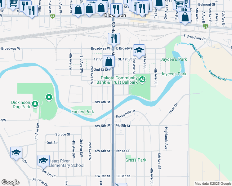 map of restaurants, bars, coffee shops, grocery stores, and more near 27 Southwest 4th Street in Dickinson
