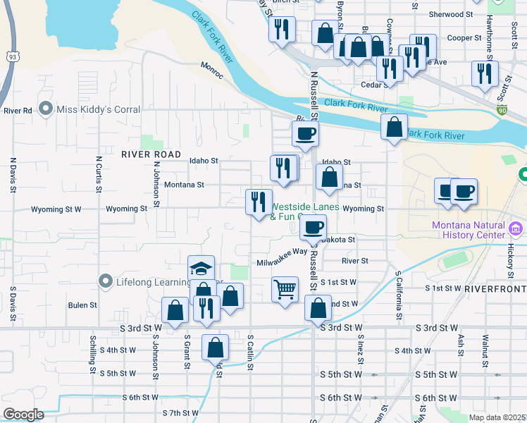 map of restaurants, bars, coffee shops, grocery stores, and more near 1612 Wyoming Street in Missoula