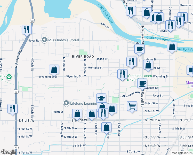 map of restaurants, bars, coffee shops, grocery stores, and more near 1822 Wyoming Street in Missoula