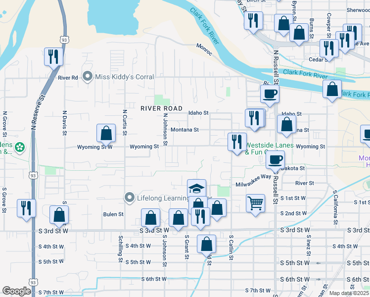 map of restaurants, bars, coffee shops, grocery stores, and more near 1944 Wyoming Street in Missoula
