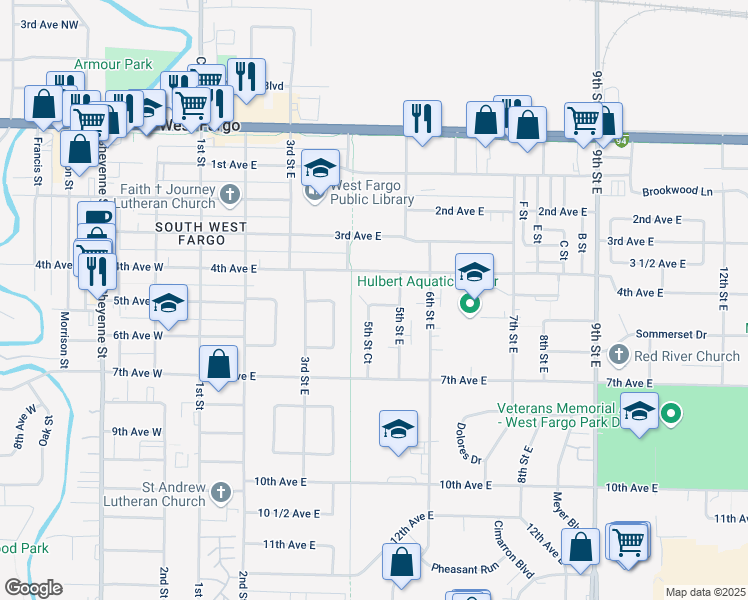map of restaurants, bars, coffee shops, grocery stores, and more near 408 5th Avenue East in West Fargo