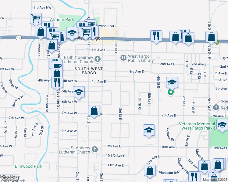 map of restaurants, bars, coffee shops, grocery stores, and more near 230 5th Avenue East in West Fargo