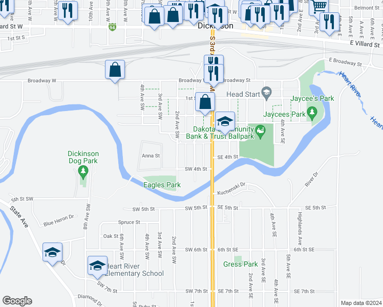 map of restaurants, bars, coffee shops, grocery stores, and more near 356 1st Avenue Southwest in Dickinson