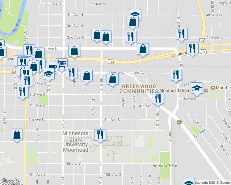map of restaurants, bars, coffee shops, grocery stores, and more near 1504 3rd Avenue South in Moorhead