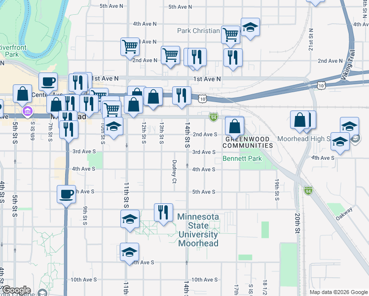 map of restaurants, bars, coffee shops, grocery stores, and more near 1340 3rd Avenue South in Moorhead