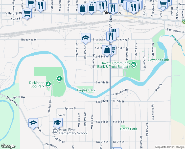 map of restaurants, bars, coffee shops, grocery stores, and more near 344 2nd Avenue Southwest in Dickinson