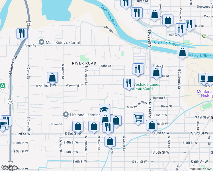 map of restaurants, bars, coffee shops, grocery stores, and more near 1822 Wyoming Street in Missoula