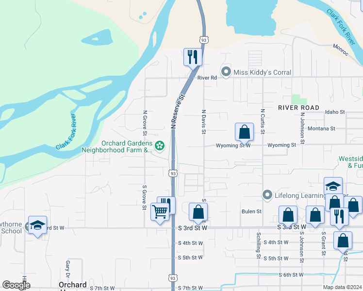 map of restaurants, bars, coffee shops, grocery stores, and more near 2434 Wyoming St in Missoula