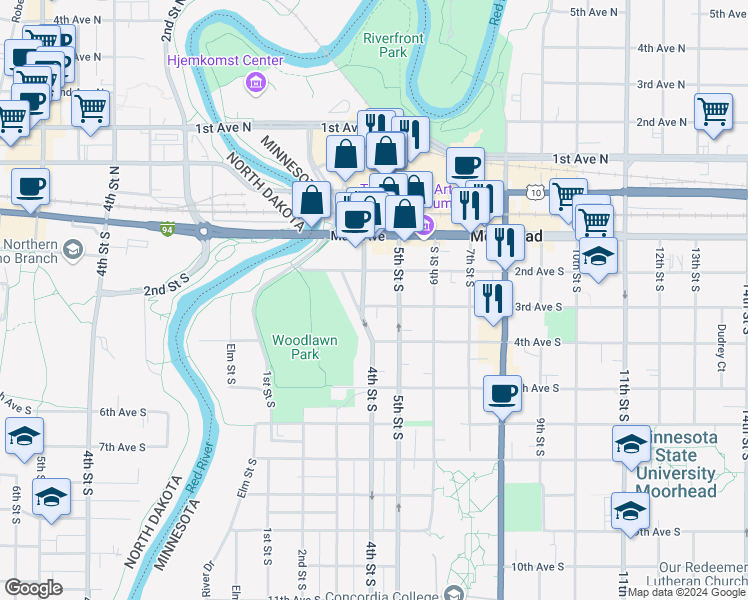 map of restaurants, bars, coffee shops, grocery stores, and more near 219 4th Street North in Moorhead