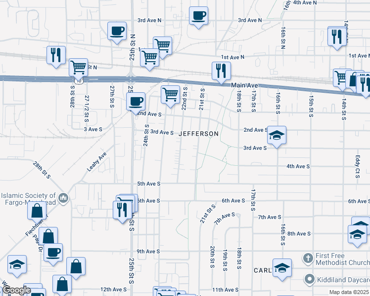 map of restaurants, bars, coffee shops, grocery stores, and more near 321 21st Street South in Fargo